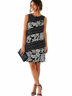 Maeve Anthropologie Black White Dress Shift Floral Polka Dot Sleeveless Mod L